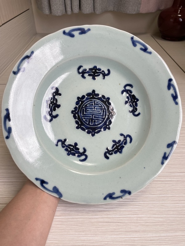 古玩陶瓷清雍正 冬青釉青花玻璃白 五福捧壽紋大盤拍賣,當前價格2900元
