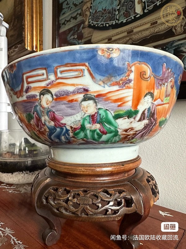古玩陶瓷青花加彩開(kāi)窗人物碗真品鑒賞圖