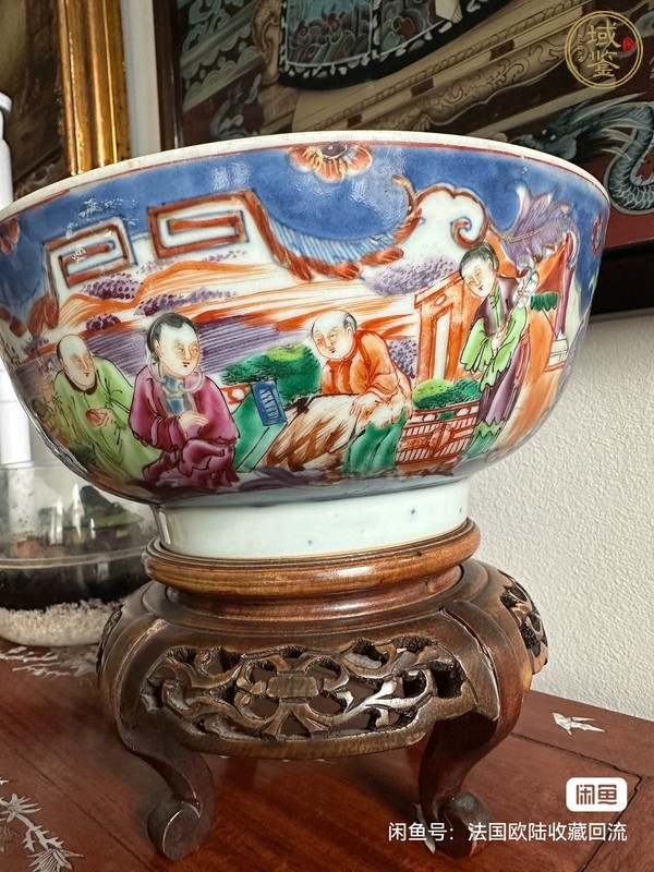 古玩陶瓷青花加彩開(kāi)窗人物碗真品鑒賞圖