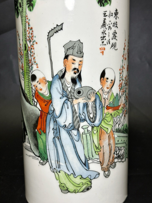 古玩陶瓷民國名家李春發(fā)作 粉彩蘇東坡愛硯圖詩文帽筒拍賣，當前價格2000元