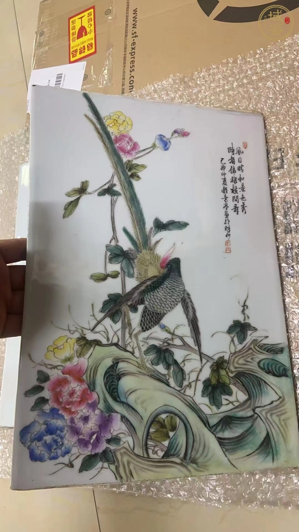 古玩陶瓷粉彩孔雀牡丹紋瓷板真品鑒賞圖