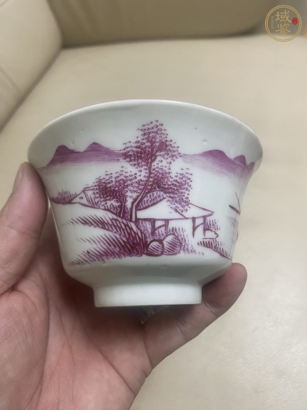 古玩陶瓷民國(guó)胭脂紅彩山水蓋碗真品鑒賞圖