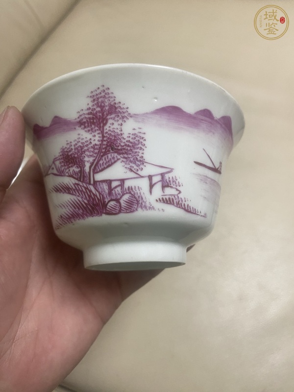 古玩陶瓷民國(guó)胭脂紅彩山水蓋碗真品鑒賞圖