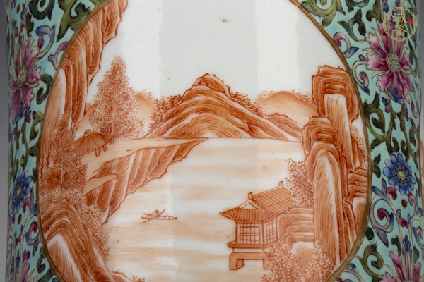 古玩陶瓷民國·汪精衛舊藏 松石綠地粉彩開窗礬紅山水紋筆筒真品鑒賞圖
