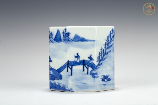 古玩清道光·青花通景山水人物八方筆筒真品鑒賞圖