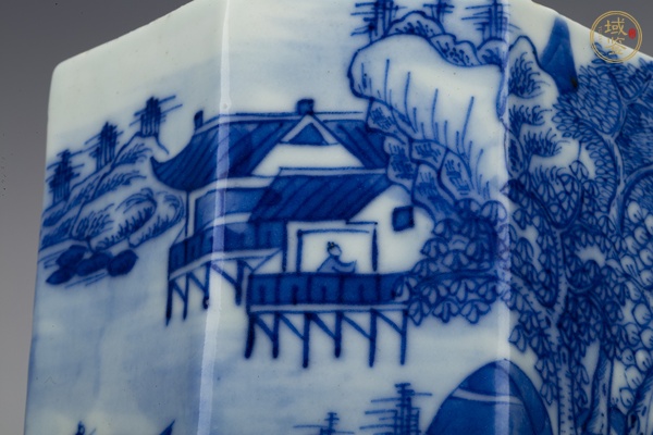古玩陶瓷清道光·青花通景山水人物八方筆筒真品鑒賞圖