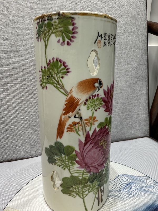 古玩陶瓷淺絳彩花鳥紋帽筒拍賣,當前價格5800元