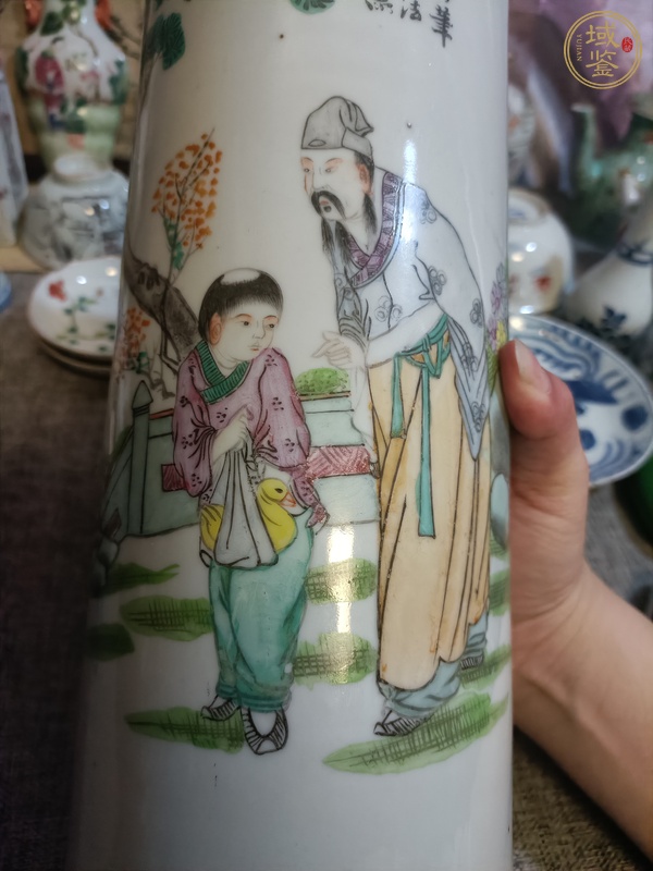 古玩陶瓷油粉彩人物故事紋帽筒真品鑒賞圖