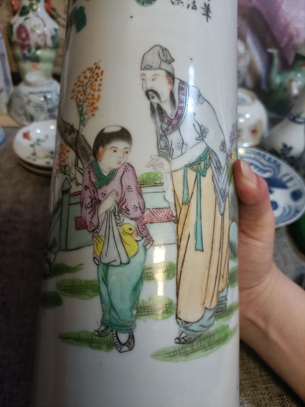 古玩陶瓷民國(guó)粉彩人物故事紋帽筒拍賣，當(dāng)前價(jià)格3888元