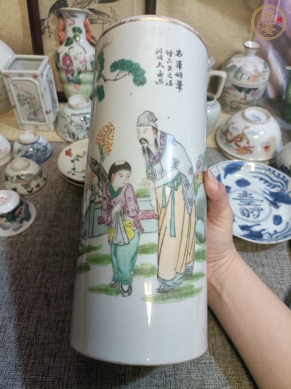 古玩陶瓷油粉彩人物故事紋帽筒真品鑒賞圖