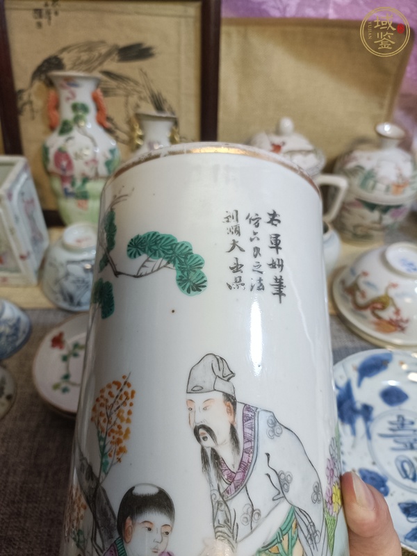 古玩陶瓷油粉彩人物故事紋帽筒真品鑒賞圖