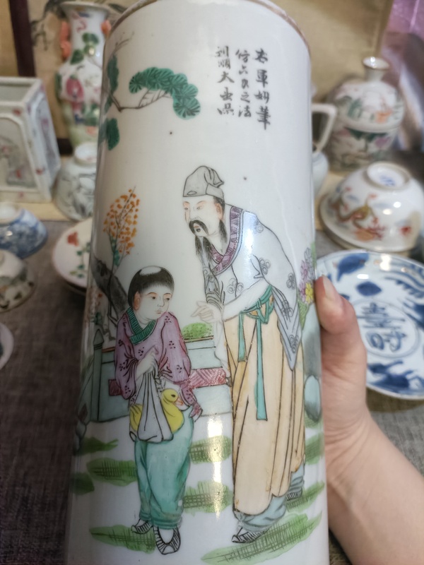 古玩陶瓷民國(guó)粉彩人物故事紋帽筒拍賣，當(dāng)前價(jià)格3888元