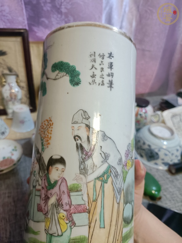 古玩陶瓷油粉彩人物故事紋帽筒真品鑒賞圖