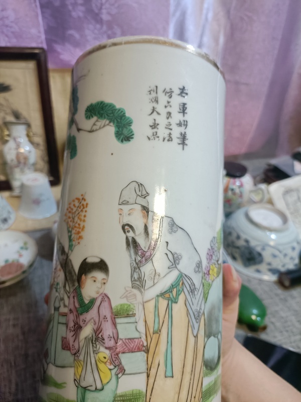 古玩陶瓷民國(guó)粉彩人物故事紋帽筒拍賣，當(dāng)前價(jià)格3888元