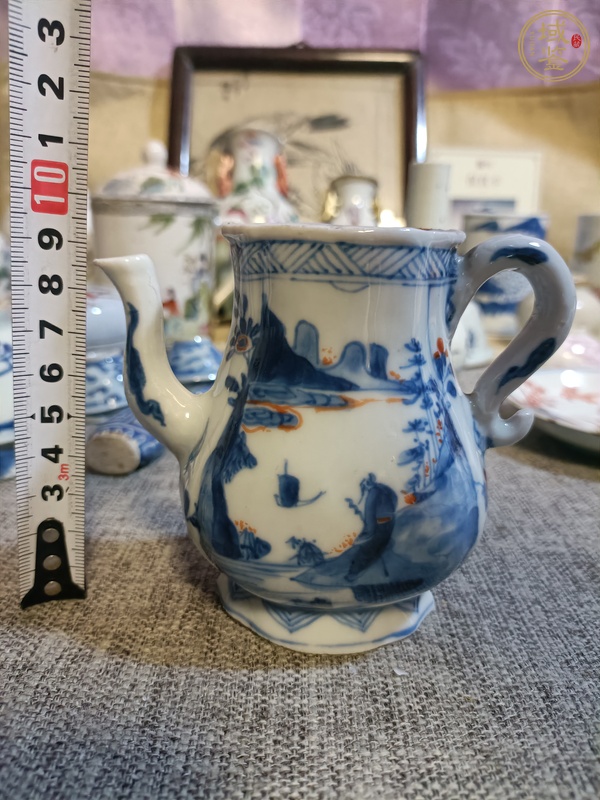 古玩陶瓷青花礬紅山水人物紋茶壺真品鑒賞圖