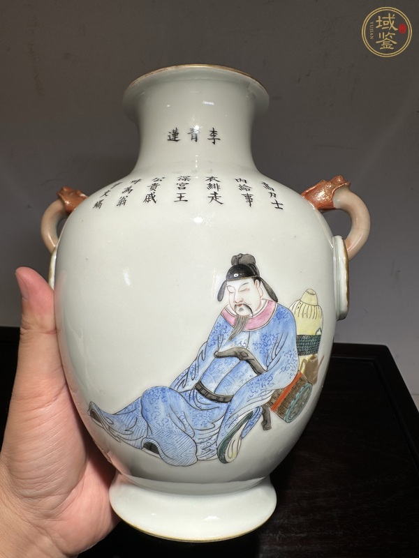 古玩陶瓷粉彩人物故事雙耳尊真品鑒賞圖