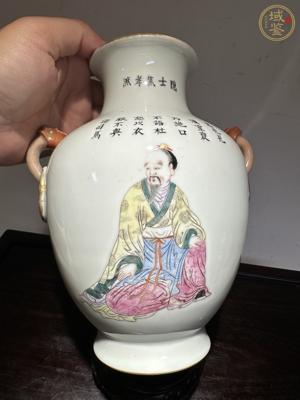 古玩陶瓷粉彩人物故事雙耳尊真品鑒賞圖