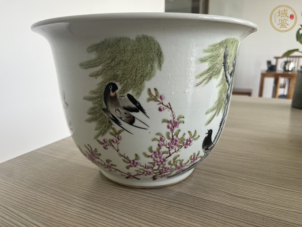 古玩陶瓷粉彩花鳥詩文花盆真品鑒賞圖