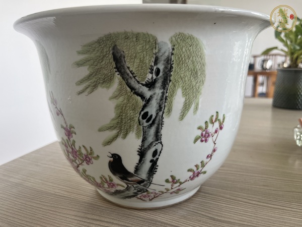 古玩陶瓷粉彩花鳥詩文花盆真品鑒賞圖