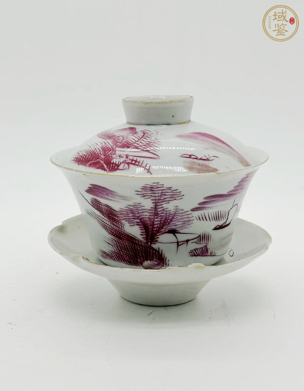 古玩陶瓷胭脂紅山水紋三才蓋杯真品鑒賞圖