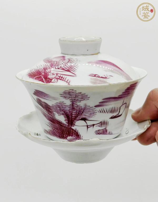 古玩陶瓷胭脂紅山水紋三才蓋杯真品鑒賞圖