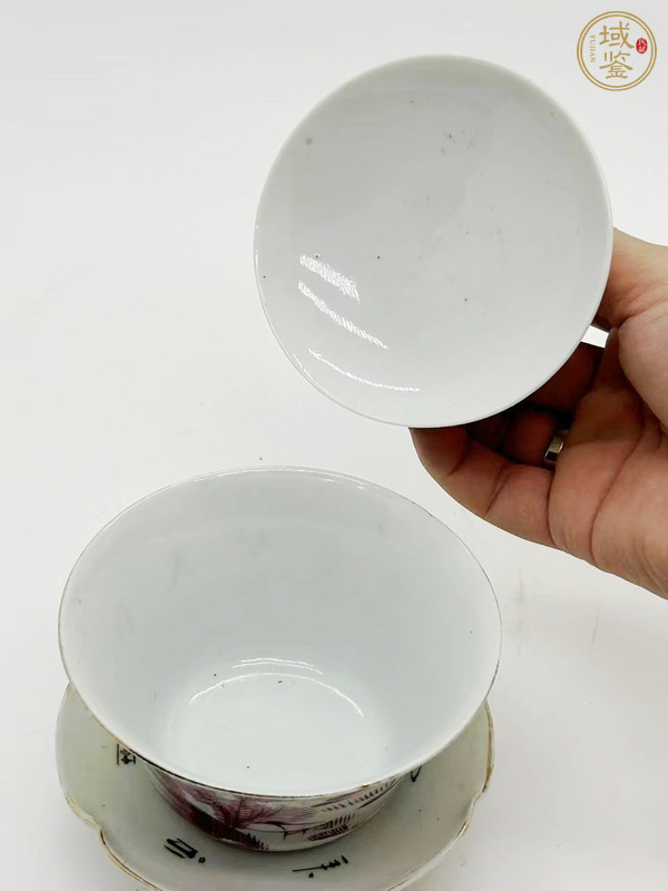 古玩陶瓷胭脂紅山水紋三才蓋杯真品鑒賞圖