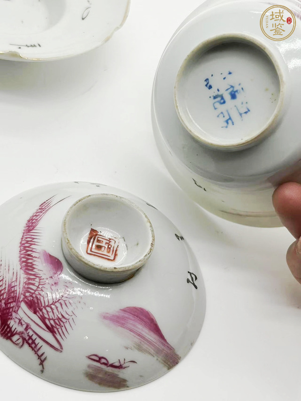 古玩陶瓷胭脂紅山水紋三才蓋杯真品鑒賞圖