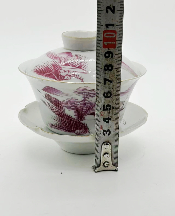 古玩陶瓷胭脂紅山水紋三才蓋杯拍賣，當前價格999元