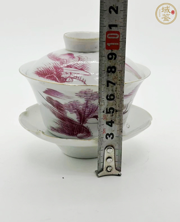 古玩陶瓷胭脂紅山水紋三才蓋杯真品鑒賞圖