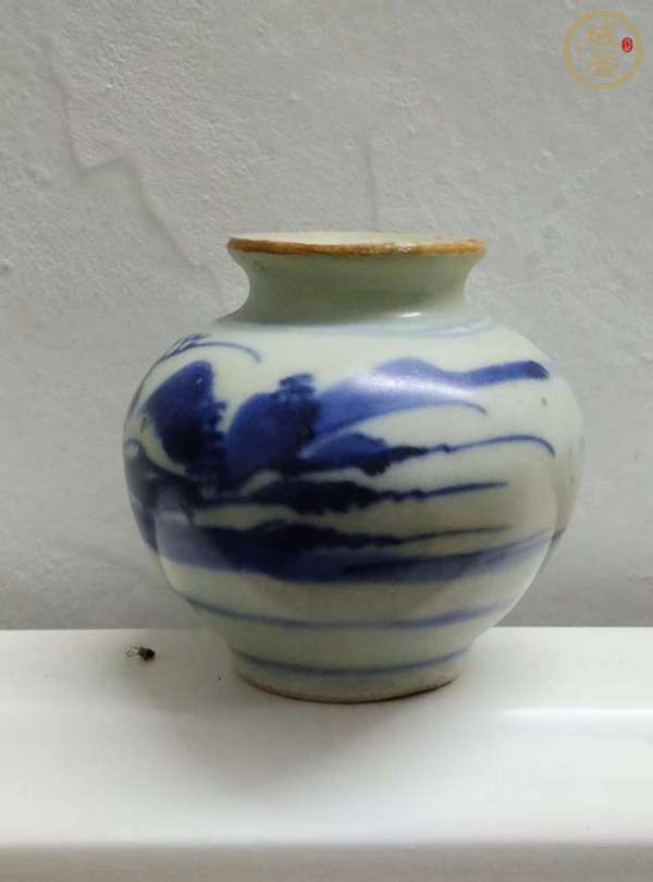 古玩山水紋青花石榴尊真品鑒賞圖