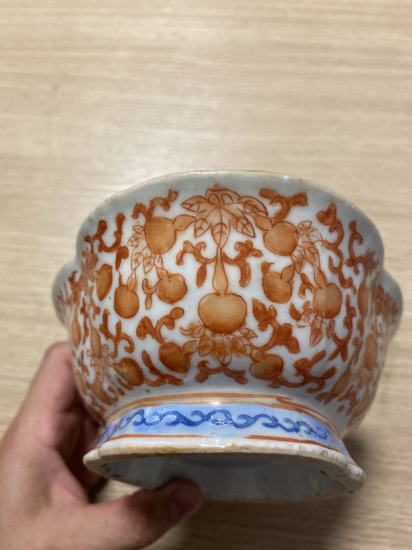 古玩陶瓷晚清 礬紅福祿萬代海棠口貢碗拍賣，當(dāng)前價格3500元