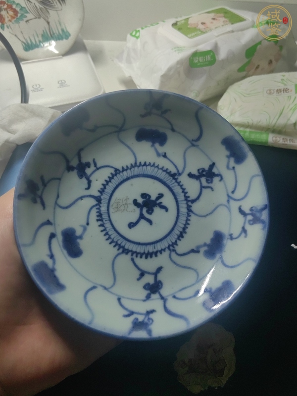 古玩如意靈芝紋青花盤真品鑒賞圖