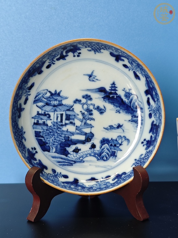 古玩陶瓷青花山水樓閣通景紋杯碟一套真品鑒賞圖