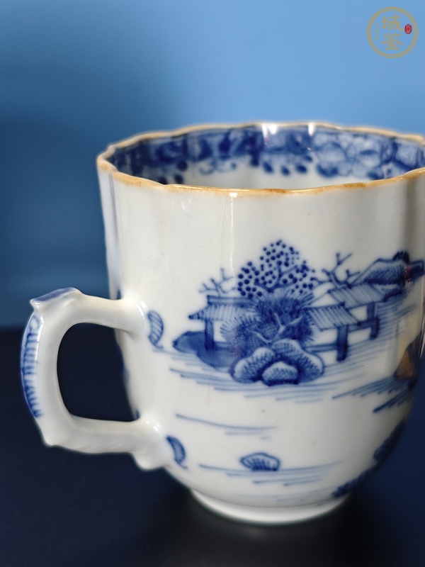 古玩陶瓷青花山水樓閣通景紋杯碟一套真品鑒賞圖