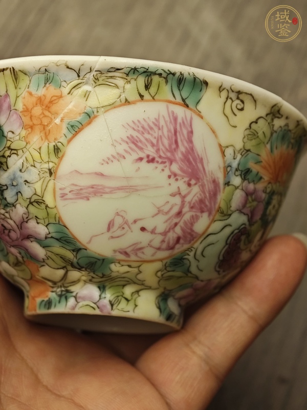 古玩陶瓷粉彩百花開窗胭脂山水紋茶圓真品鑒賞圖