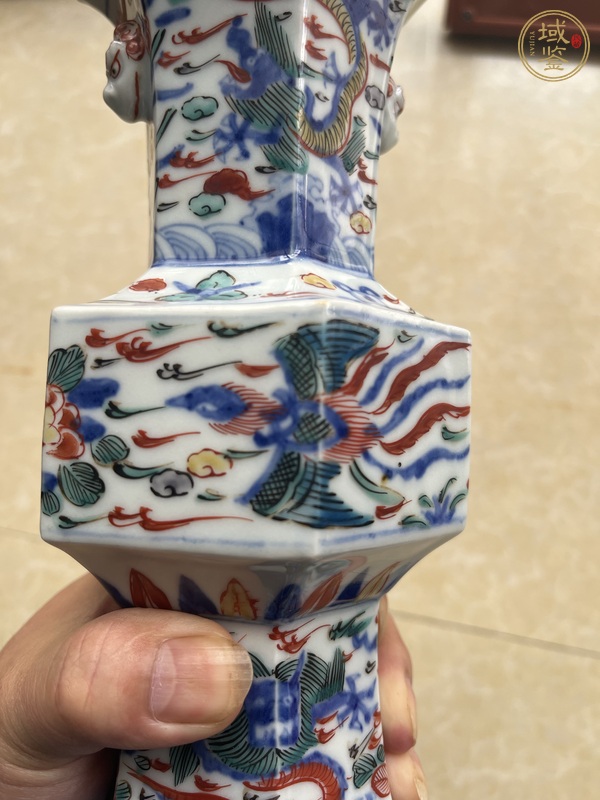 古玩陶瓷青花五彩龍鳳紋花觚真品鑒賞圖
