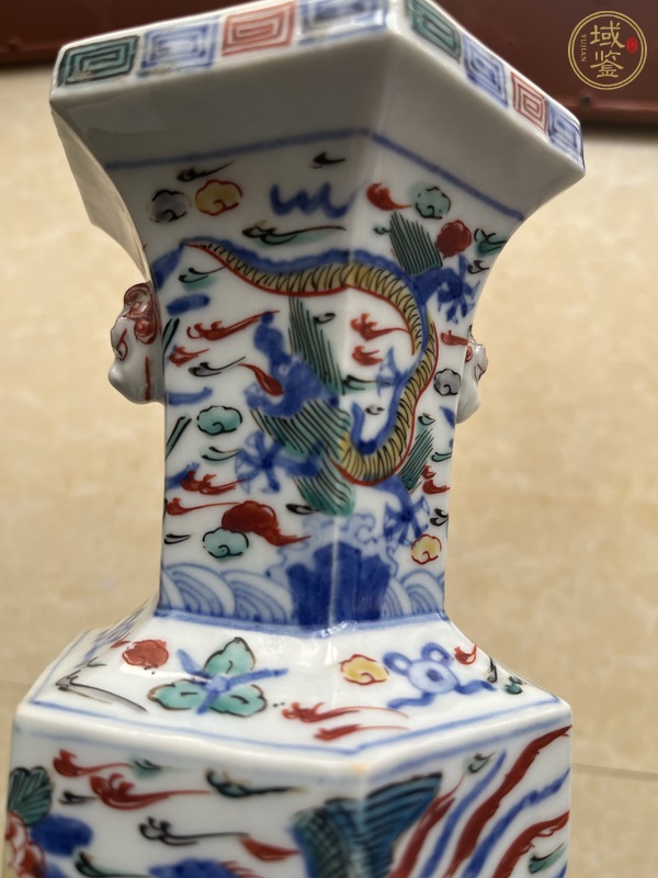 古玩陶瓷青花五彩龍鳳紋花觚真品鑒賞圖