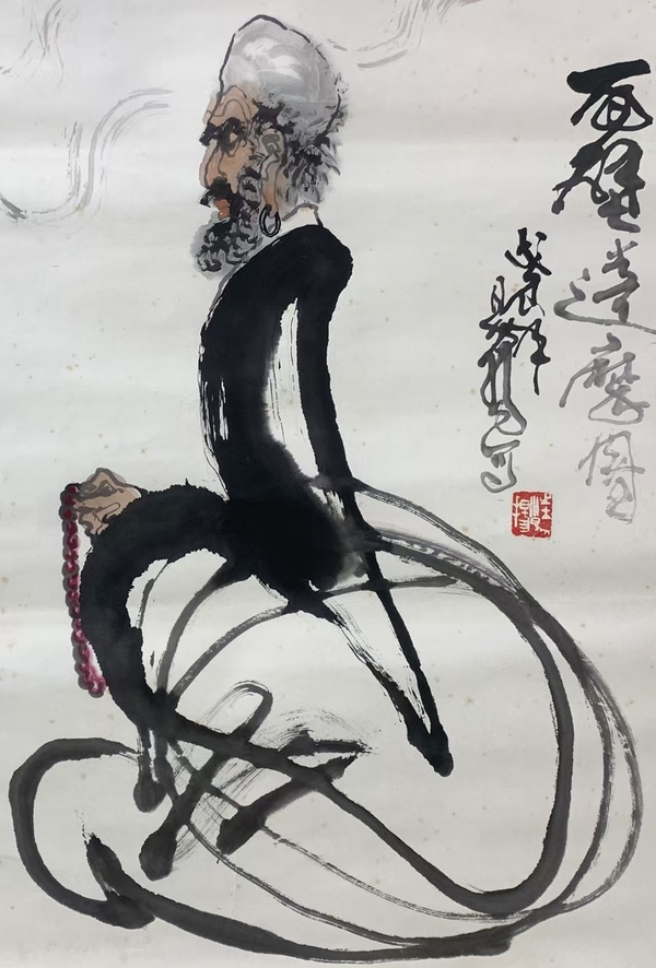 古玩字畫已故著名畫家 中美協(xié)會員 狂草人物畫創(chuàng)造者 汪易揚(yáng)先生 面壁達(dá)摩圖 手工原裱立軸拍賣，當(dāng)前價格9998元