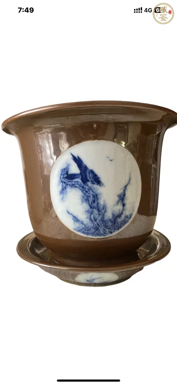 古玩民國(guó) 王步風(fēng)格青花花鳥(niǎo)紋花盆真品鑒賞圖