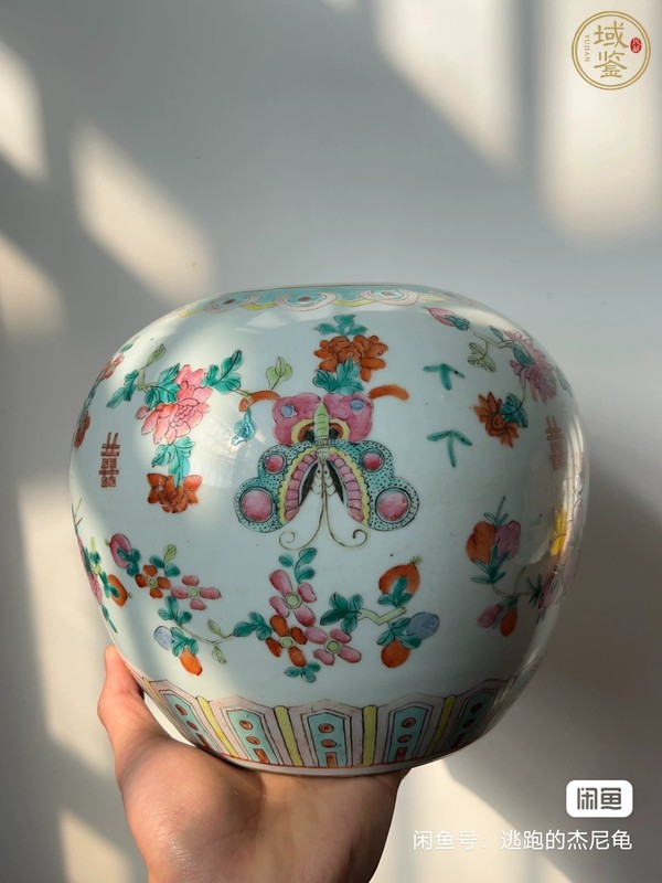 古玩陶瓷花蝶紋粉彩西瓜罐真品鑒賞圖