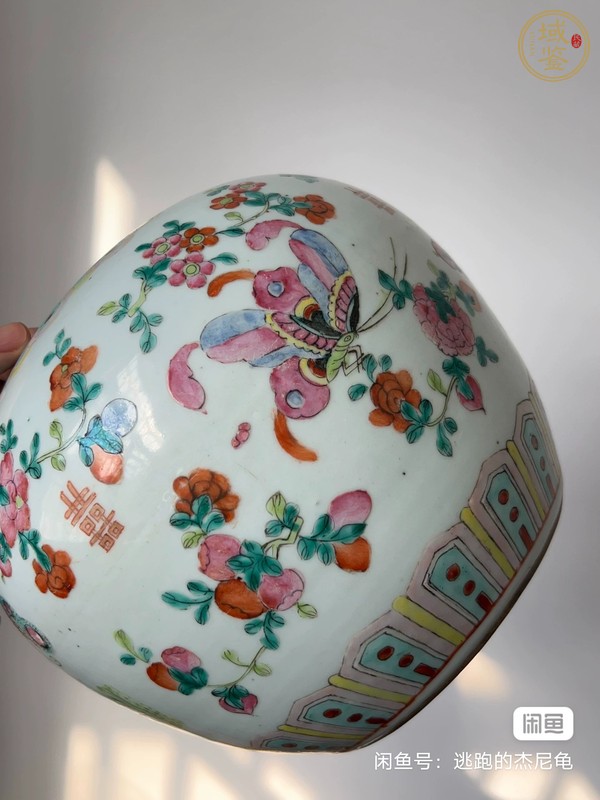 古玩陶瓷花蝶紋粉彩西瓜罐真品鑒賞圖