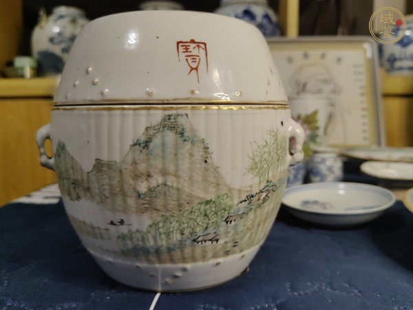 古玩陶瓷程煥文風(fēng)格 淺絳彩山水紋溫酒蓋罐真品鑒賞圖