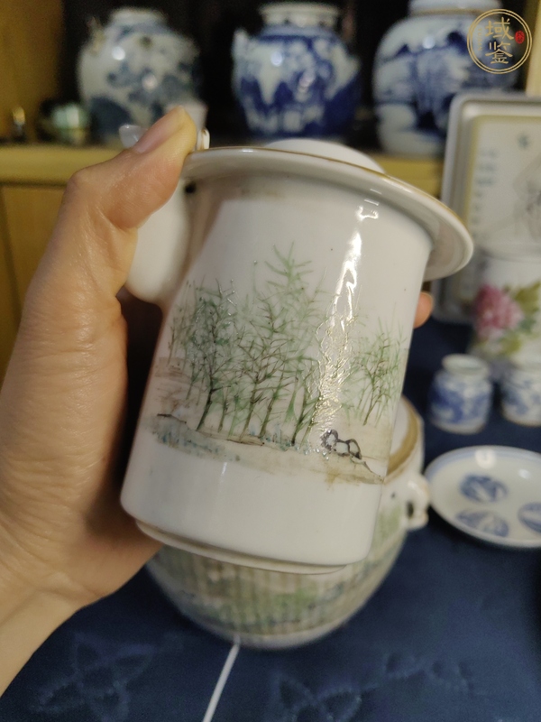 古玩陶瓷程煥文風(fēng)格 淺絳彩山水紋溫酒蓋罐真品鑒賞圖
