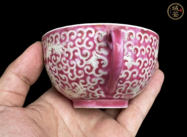 古玩陶瓷胭脂紅粉彩福壽紋茶杯真品鑒賞圖