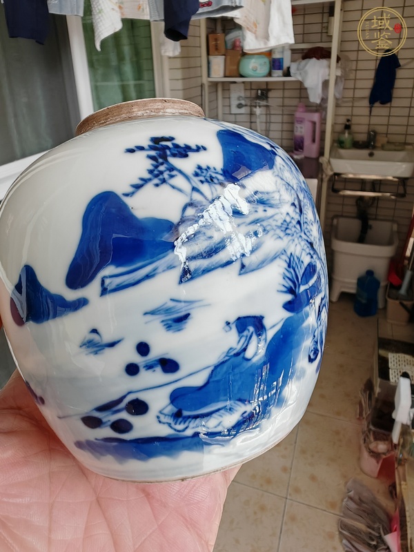 古玩陶瓷晚清青花山水罐真品鑒賞圖