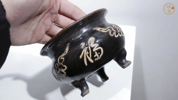 古玩黑釉福紋三足香爐真品鑒賞圖