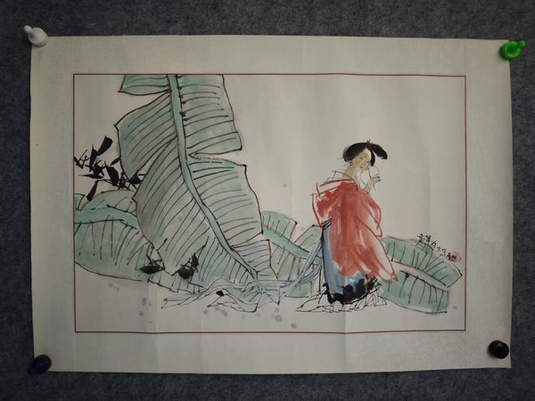 古玩字畫中美協會員中國工筆畫協會會員文世彪芭蕉仕女圖拍賣，當前價格899元