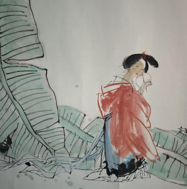 古玩字畫中美協會員中國工筆畫協會會員文世彪芭蕉仕女圖拍賣，當前價格899元