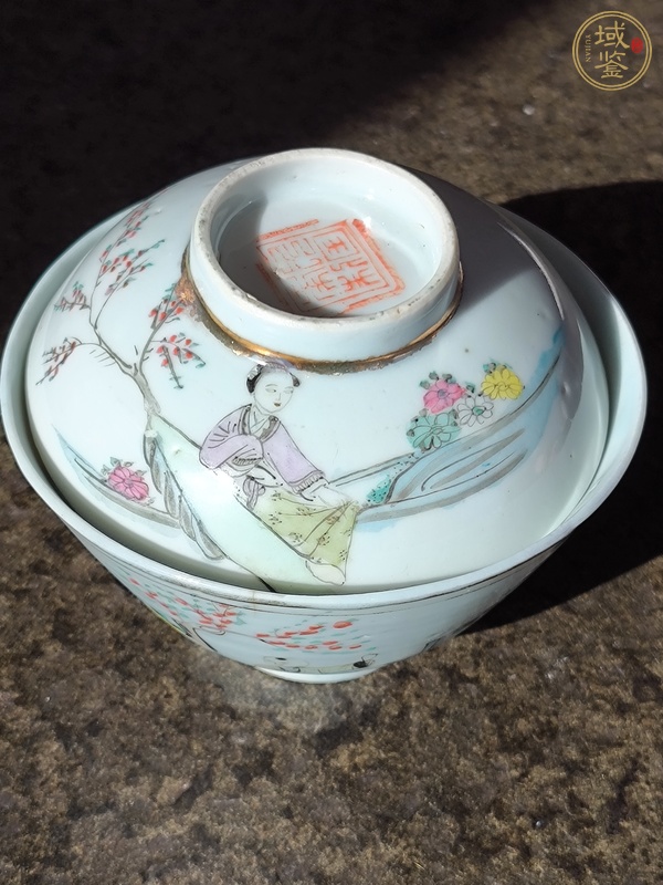 古玩陶瓷民國(guó)粉彩仕女蓋碗真品鑒賞圖