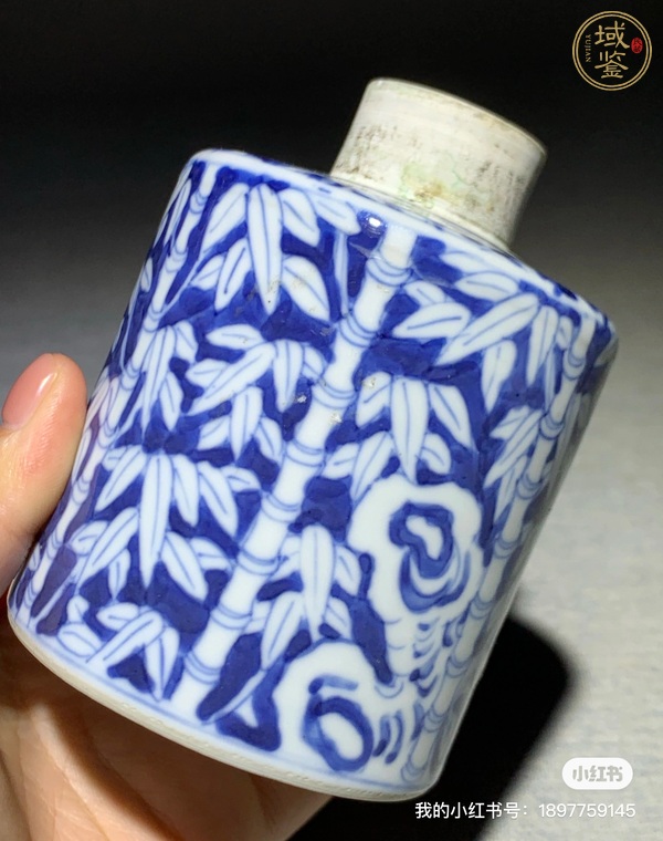 古玩陶瓷青花留白竹報(bào)平安圖茶葉罐真品鑒賞圖